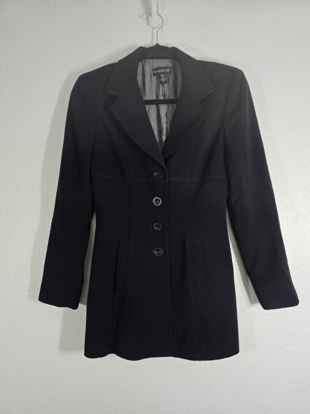 Bebe Vintage Y2K  Longline Fitted Blazer Coat Women Size 2 Black Button 90s